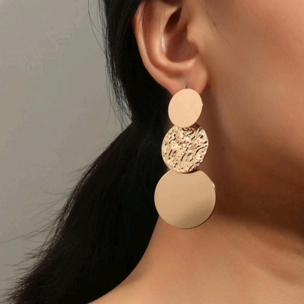 Gold tone Textured‎ Metal Round Drop Earrings for women
